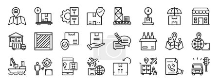 set of 24 outline web logistics icons such as destination, weight scale, inventory, package protection, conveyor, weight scale, keep dry vector icons for report, presentation, diagram, web design,