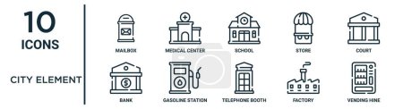 city element outline icon set such as thin line mailbox, school, court, gasoline station, factory, vending hine, bank icons for report, presentation, diagram, web design