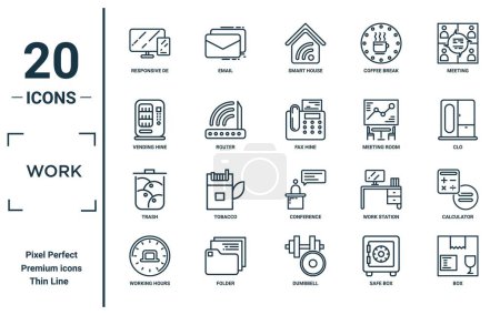 work linear icon set. includes thin line responsive de, vending hine, trash, working hours, box, fax hine, calculator icons for report, presentation, diagram, web design