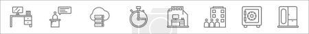 outline set of work line icons. linear vector icons such as work station, conference, cloud storage, timer, office, office, safe box, clo