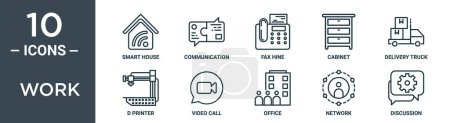 work outline icon set includes thin line smart house, communication, fax hine, cabinet, delivery truck, d printer, video call icons for report, presentation, diagram, web design