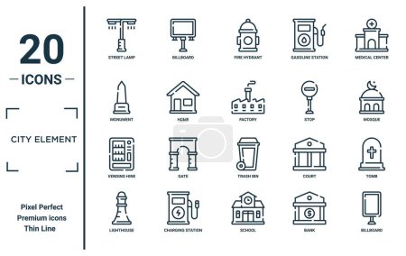 city element linear icon set. incluye lámpara de calle de línea delgada, monumento, vending hine, faro, valla publicitaria, fábrica, iconos de la tumba para el informe, presentación, diagrama, diseño web