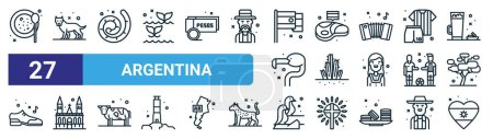 Satz von 27 Umrissen Web-Argentinien Symbole wie Essen, Hund, Wurst, Steak, Kaktus, Kirche, Pinguine, Flaggenvektor dünne Linie Symbole für Web-Design, mobile App.