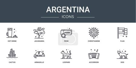 set of 10 outline web argentina icons such as hot drink, jacaranda, peso, christianism, flag, cactus, armadillo vector icons for report, presentation, diagram, web design, mobile app