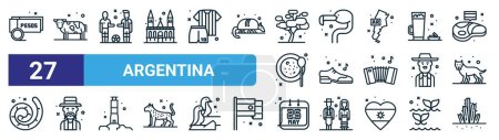 set of 27 outline web argentina icons such as peso, beef, soccer, flamingo, shoes, man, national day, cactus vector thin line icons for web design, mobile app.