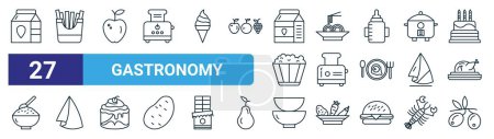 Illustration for Set of 27 outline web gastronomy icons such as milk box, french fires, , pasta, toaster, napkin, bowls, olives vector thin line icons for web design, mobile app. - Royalty Free Image