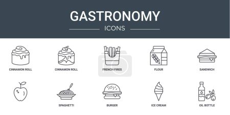 Illustration for Set of 10 outline web gastronomy icons such as cinnamon roll, cinnamon roll, french fires, flour, sandwich, , spaghetti vector icons for report, presentation, diagram, web design, mobile app - Royalty Free Image