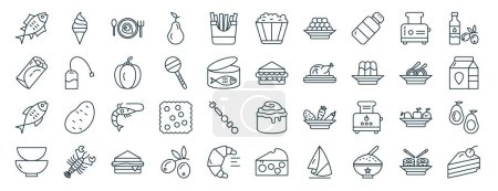 Téléchargez les illustrations : Ensemble de 40 icônes de la gastronomie web de contour tels que la crème glacée, taco, poisson, bols, nouilles, bouteille d'huile, icônes de maïs soufflé pour rapport, présentation, diagramme, conception web, application mobile - en licence libre de droit