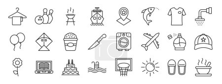 conjunto de 24 contorno web vacaciones iconos tales como percha de ropa, bolos,, barco, ubicación del mapa, peces, camiseta vector iconos para el informe, presentación, diagrama, diseño web, aplicación móvil