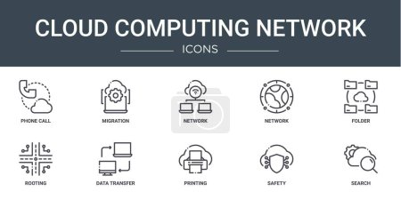 set of 10 outline web cloud computing network icons such as phone call, migration, network, network, folder, rooting, data transfer vector icons for report, presentation, diagram, web design, mobile