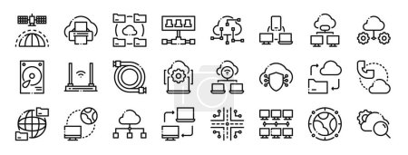 conjunto de 24 iconos de red de computación en nube web esquemática como estación espacial, impresión, carpeta, red, computación en nube, dispositivo, iconos de vectores en la nube para el informe, presentación, diagrama, diseño web,