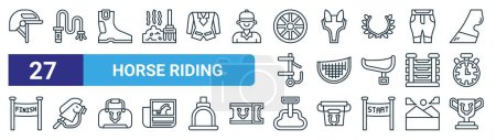 set of 27 outline web horse riding icons such as helmet, whip, boot, ears, valtrap, stick, stirrup, trophy vector thin line icons for web design, mobile app.