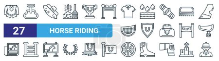 set of 27 outline web horse riding icons such as jacket, stirrup, brush, water, shield, obstacle, wheels, jockey vector thin line icons for web design, mobile app.