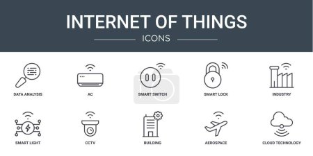 set of 10 outline web internet of things icons such as data analysis, ac, smart switch, smart lock, industry, smart light, cctv vector icons for report, presentation, diagram, web design, mobile app