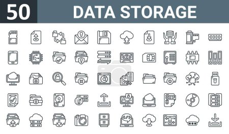 set of 50 outline web data storage icons such as , upload file, data transfer, mail, floppy disk, cloud upload, download file vector thin icons for report, presentation, diagram, web design, mobile