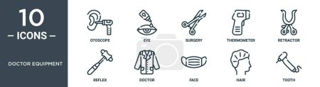 doctor equipment outline icon set includes thin line otoscope, eye, surgery, thermometer, retractor, reflex, doctor icons for report, presentation, diagram, web design