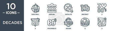 Illustration for Decades outline icon set includes thin line disco ball, century, satellite, abstract, s, s, psychedelic icons for report, presentation, diagram, web design - Royalty Free Image