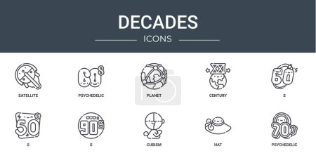 set of 10 outline web decades icons such as satellite, psychedelic, planet, century, s, s, s vector icons for report, presentation, diagram, web design, mobile app
