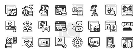 Satz von 24 umrissenen Web-Influencer-Symbolen wie Content Management, Coin, Social Media, Werbung, Chatbox, Kamera, Pay-per-Click-Vektor-Symbole für Bericht, Präsentation, Diagramm, Webdesign, Mobiltelefon