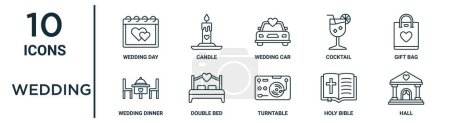 wedding outline icon set such as thin line wedding day, wedding car, gift bag, double bed, holy bible, hall, dinner icons for report, presentation, diagram, web design