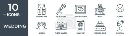 wedding outline icon set includes thin line wine bottles, microphone, wedding video, hotel, flower, cheers, photo camera icons for report, presentation, diagram, web design