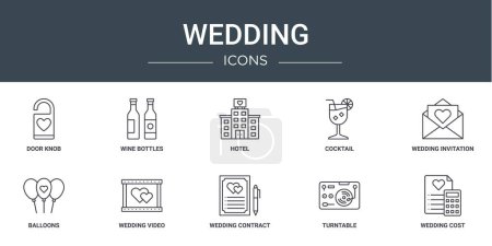 10 umrissene Web-Hochzeitssymbole wie Türknauf, Weinflaschen, Hotel, Cocktail, Hochzeitseinladung, Luftballons, Hochzeitsvideo-Vektor-Symbole für Bericht, Präsentation, Diagramm, Webdesign, Handy