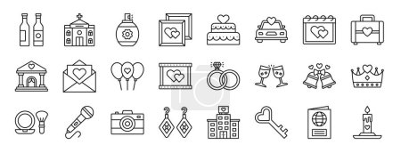 Set von 24 umrissenen Web-Hochzeitssymbolen wie Weinflaschen, Kirche, Parfüm, Hochzeitsfotos, Hochzeitstorte, Auto, Tagesvektorsymbole für Bericht, Präsentation, Diagramm, Webdesign, mobile App