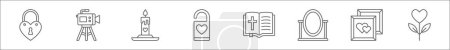 Illustration for Outline set of wedding line icons. linear vector icons such as padlock, video camera, candle, door knob, holy bible, mirror, wedding photos, flower - Royalty Free Image