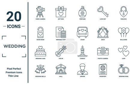 Illustration for Wedding linear icon set. includes thin line video camera, door knob, wedding cake, wedding bells, ring, chair, love icons for report, presentation, diagram, web design - Royalty Free Image
