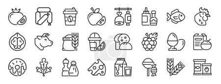 set of 24 outline web food and drinks icons such as tomato, sausage, coffee, , deli, sauce, fish vector icons for report, presentation, diagram, web design, mobile app