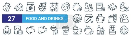 set of 27 outline web food and drinks icons such as chicken, cheese, frozen food, condiments, sausage, snacks, eggs, walnut vector thin line icons for web design, mobile app.