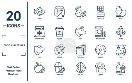 food and drinks linear icon set. includes thin line fish, frozen food, pig, , drinks, cow, deli icons for report, presentation, diagram, web design