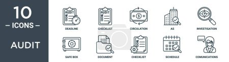 Audit Outline Icon Set enthält dünne Linie Frist, Checkliste, Verbreitung, as, Untersuchung, Safe, Dokument-Symbole für Bericht, Präsentation, Diagramm, Webdesign