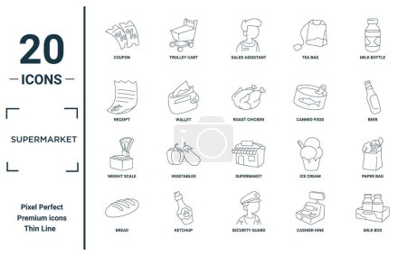 Supermarkt linearen Symbolsatz. Beinhaltet Gutschein, Quittung, Gewichtswaage, Brot, Milchbox, Brathähnchen, Papiertüten-Symbole für Bericht, Präsentation, Diagramm, Webdesign