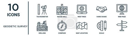 conjunto de iconos de contorno de encuesta geodésica, como tacómetro de línea delgada, conexiones web, página web, brújula, escala, iconos de perforación para el informe, presentación, diagrama, diseño web