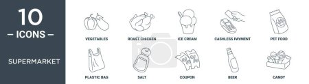 Supermarkt umreißt Symbol-Set umfasst dünne Linie Gemüse, Brathähnchen, Eis, bargeldloses Bezahlen, Tiernahrung, Plastiktüte, Salz-Symbole für Bericht, Präsentation, Diagramm, Webdesign