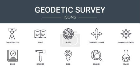 set of 10 outline web geodetic survey icons such as tacheometer, book, globe, compass flower, compass flower, book, hammer vector icons for report, presentation, diagram, web design, mobile app