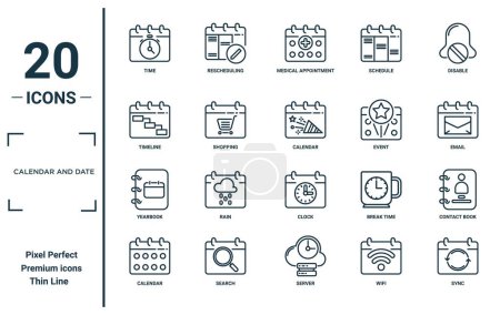 Illustration for Calendar and date linear icon set. includes thin line time, timeline, yearbook, calendar, sync, calendar, contact book icons for report, presentation, diagram, web design - Royalty Free Image