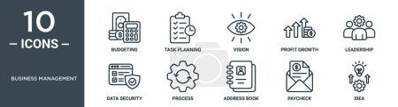 Symbolset für die Geschäftsführung umfasst dünne Budgetierung, Aufgabenplanung, Vision, Gewinnwachstum, Führung, Datensicherheit, Prozesssymbole für Bericht, Präsentation, Diagramm, Webdesign