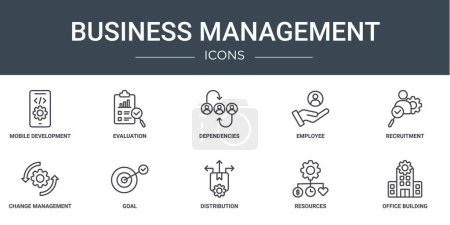 set of 10 outline web business management icons such as mobile development, evaluation, dependencies, employee, recruitment, change management, goal vector icons for report, presentation, diagram,