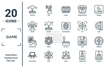 game linear icon set. includes thin line joystick, armor, controller, two players, tutorial, matchmaker, compass icons for report, presentation, diagram, web design