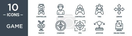 Das Spielumrissensymbolset umfasst Thin Line Controller, Gamer, Controller, Ting, Pfeil, Trophäe, Kompasssymbole für Bericht, Präsentation, Diagramm, Webdesign
