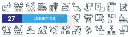 Illustration for Set of 27 outline web logistics icons such as express delivery, air freight, order confirm, stamp, drop shipment, forklift, air freight, shopping list vector thin line icons for web design, mobile - Royalty Free Image