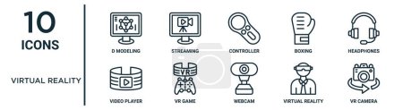 virtual reality outline icon set such as thin line d modeling, controller, headphones, vr game, virtual reality, vr camera, video player icons for report, presentation, diagram, web design