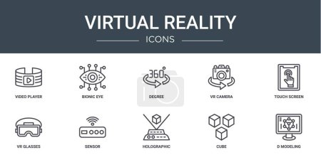 Téléchargez les illustrations : Jeu de 10 icônes de réalité virtuelle web telles que lecteur vidéo, oeil bionique, degré, caméra vr, écran tactile, lunettes vr, icônes vectorielles de capteur pour rapport, présentation, diagramme, conception web, mobile - en licence libre de droit