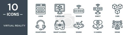 Virtual Reality Outline Icon Set beinhaltet Thin Line Login, D-Modellierung, Sensor, Kinect, Würfel, Kopfhörer, Smart Brille Icons für Bericht, Präsentation, Diagramm, Webdesign