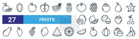 set of 27 outline web fruits icons such as orange, starfruit, , grape, lemon, mango, watermelon, banana vector thin line icons for web design, mobile app.