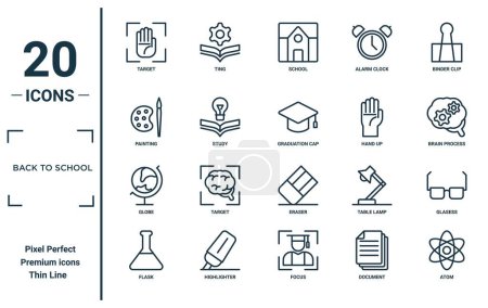back to school linear icon set. includes thin line target, painting, globe, flask, atom, graduation cap, glasess icons for report, presentation, diagram, web design