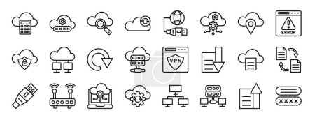 set of 24 outline web cloud computing network icons such as calculating, password, search, data synchronization, ethernet, cloud computing, location vector icons for report, presentation, diagram,