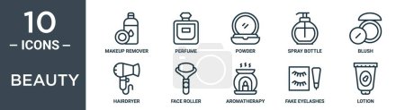 Beauty Outline Symbolset umfasst dünne Make-up-Entferner, Parfüm, Puder, Sprühflasche, Rouge, Haartrockner, Gesichtsrollensymbole für Bericht, Präsentation, Diagramm, Webdesign